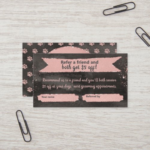 Rose Gold Paw Print Referral Card for Dog Groomers
