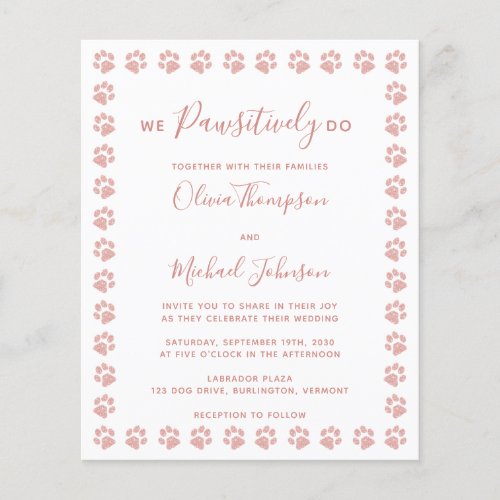 Rose Gold Paw Prints Budget Wedding Postcard