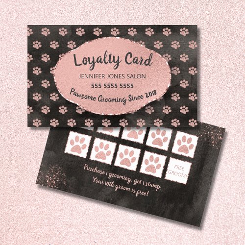 Rose Gold Paw Prints Dog Grooming  Loyalty Card