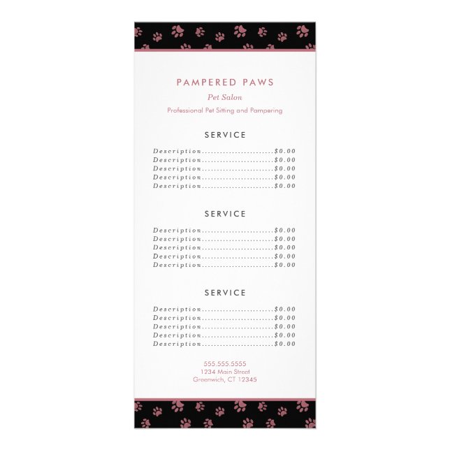 Rose Gold Paw Prints Pet Salon Service Rack Card (Front)