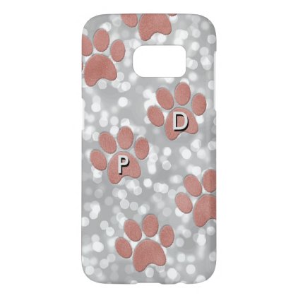 Rose Gold Paw Prints Silver Bokeh Monogrammed Samsung Galaxy S7 Case