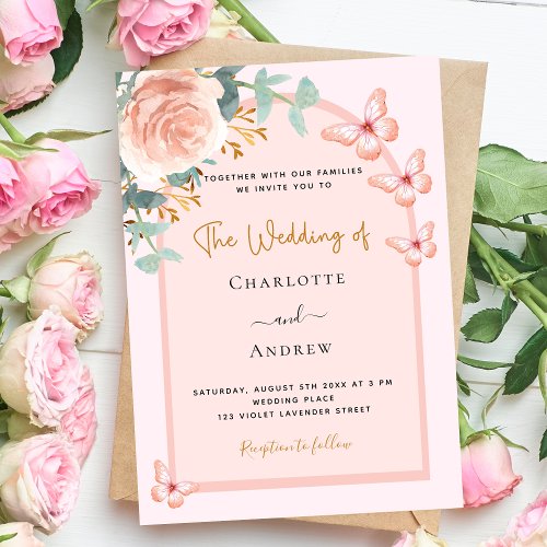 Rose gold peach floral arch luxury wedding invitation