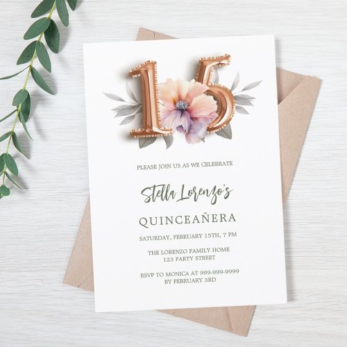 Rose gold peach floral green luxury Quinceanera Invitation