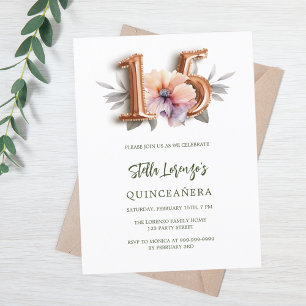 Rose gold peach floral green Quinceanera Invitation Postcard