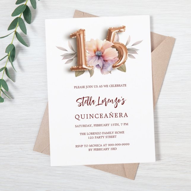 Rose gold peach floral Quinceanera Invitation (Creator Uploaded)