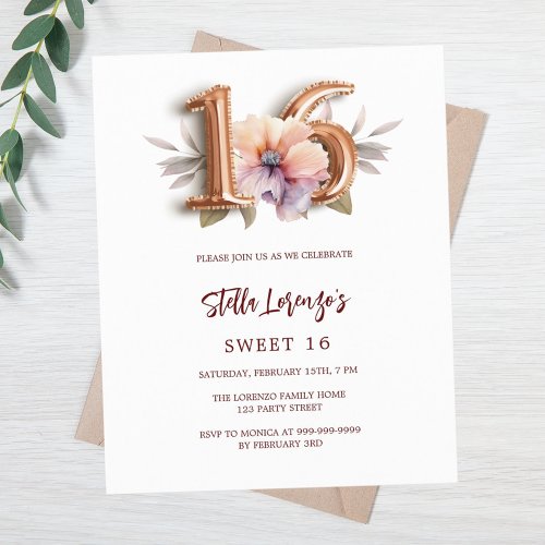 Rose gold peach floral Sweet 16 budget invitation