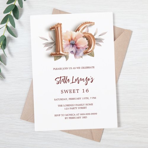 Rose gold peach floral Sweet 16 Invitation