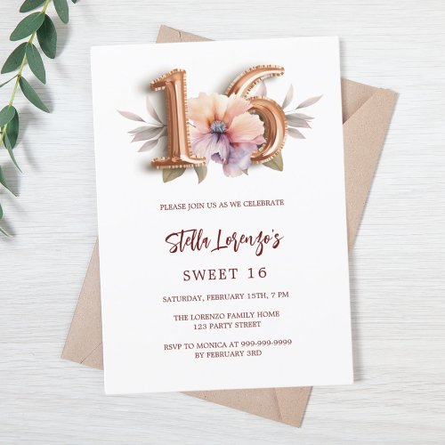 Rose gold peach floral Sweet 16 luxury Invitation