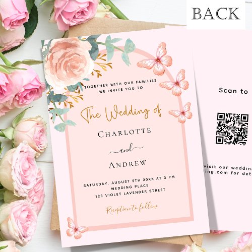 Rose gold peach florals arch QR code RSVP wedding Invitation