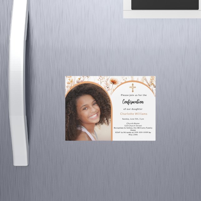 Rose gold peach florals photo arch Confirmation Magnetic Invitation (Creator Uploaded)