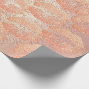Rose Gold Peach Glitter Kiss Lips Makeup Metallic Wrapping Paper