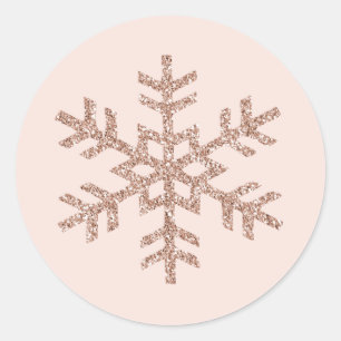 Rose Gold Peach Glitter Sparkle Snowflake Classic Round Sticker