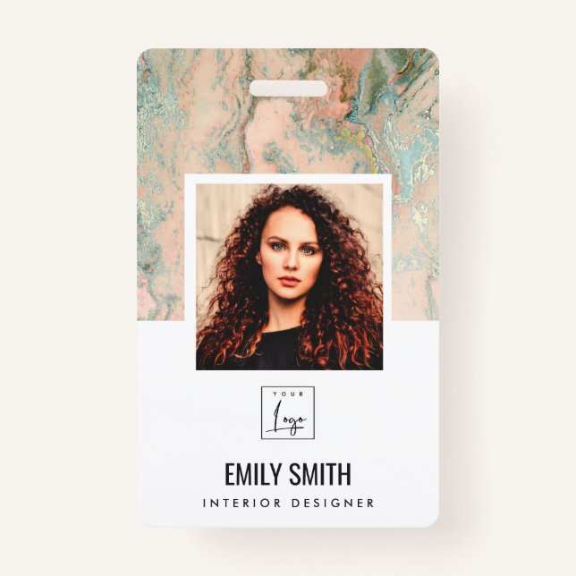 ROSE GOLD PEACH GREEN EMPLOYEE PHOTO BAR CODE NAME BADGE (Front)