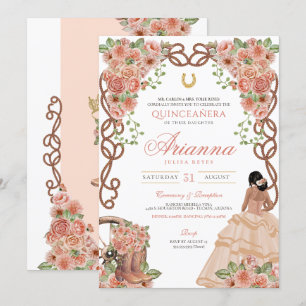 Rose Gold Peach Pink Western Charro Quinceañera Invitation