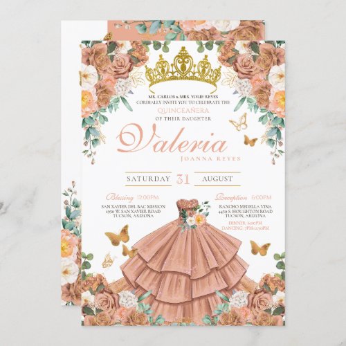 Rose Gold Peach Princess Butterfly Quinceanera  Invitation