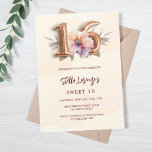 Rose gold peach watercolored floral Sweet 16 Invitation<br><div class="desc">A modern,  stylish and glamorous invitation for a Sweet 16.  A peach watercolored background,  decorated with a peach and purple watercolored flower. The name is written with a hand lettered style script.  Personalize and add your party details.  Number 16 is written with a balloon style font,  script.</div>