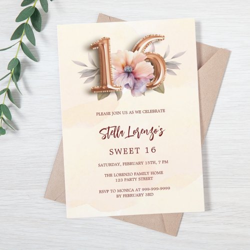 Rose gold peach watercolored floral Sweet 16 Invitation