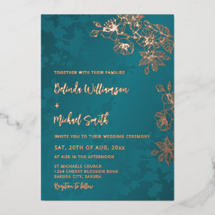Rose Gold Peacock Green Floral Wedding Foil Invitation