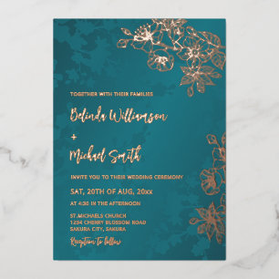 Rose Gold Peacock Green Floral Wedding Foil Invitation
