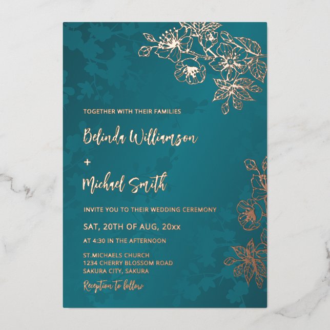 Rose Gold Peacock Green Floral Wedding Foil Invitation (Front)