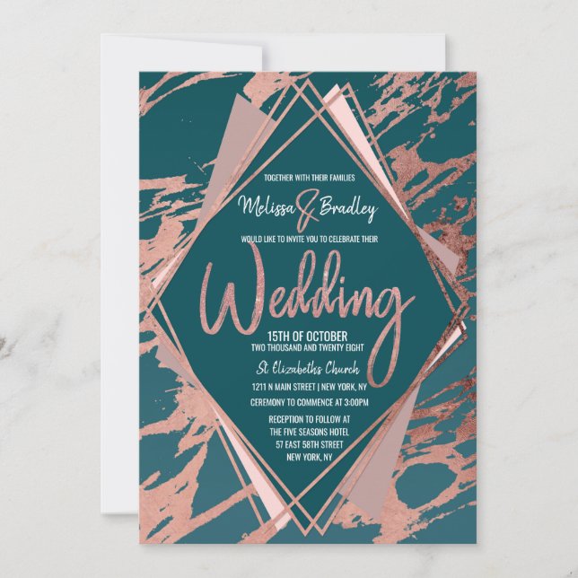 Rose Gold Peacock Teal Marble Diamond Wedding Invitation (Front)