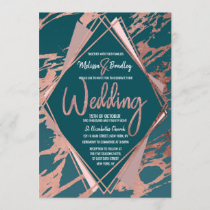 Rose Gold Peacock Teal Marble Diamond Wedding Invitation