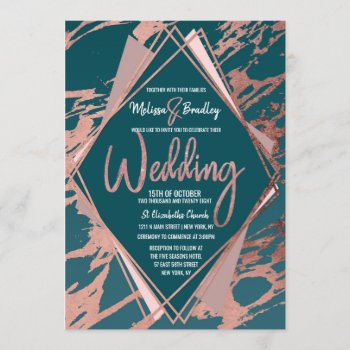 Rose Gold Peacock Teal Marble Diamond Wedding Invitation by I_Invite_You at Zazzle