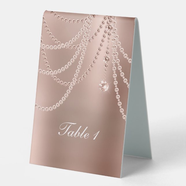 Rose Gold Pearls Diamonds Wedding Table Tent (Front)