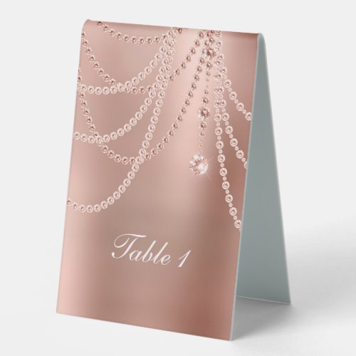 Rose Gold Pearls Diamonds Wedding Table Tent Sign