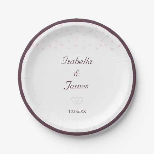 Rose gold pearls on cassis and white Wedding Paper Plates