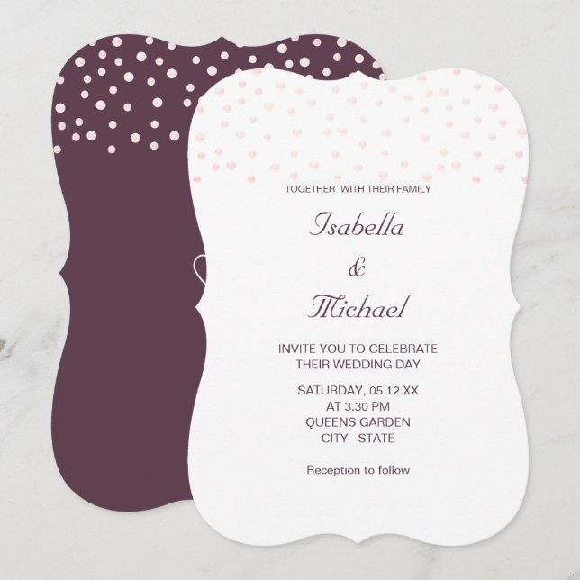 Rose Gold Pearls on Cassis & White Wedding Invitation (Front/Back)