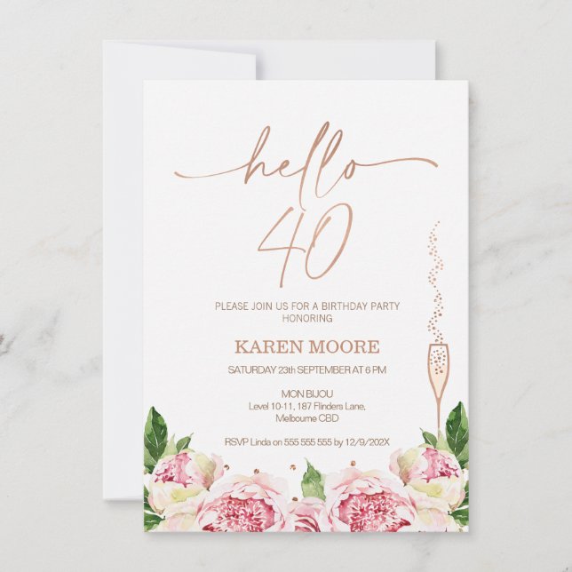 Rose Gold  Peonies 40th Birthday Invitation (Front)