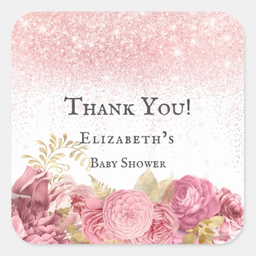 Rose Gold Peonies Glitter Baby Shower Thank You Square Sticker