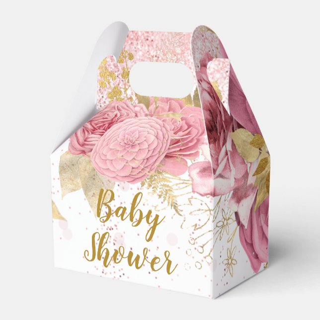 Rose Gold Peonies Glitter Girl Baby Shower Favor Boxes (Front Side)