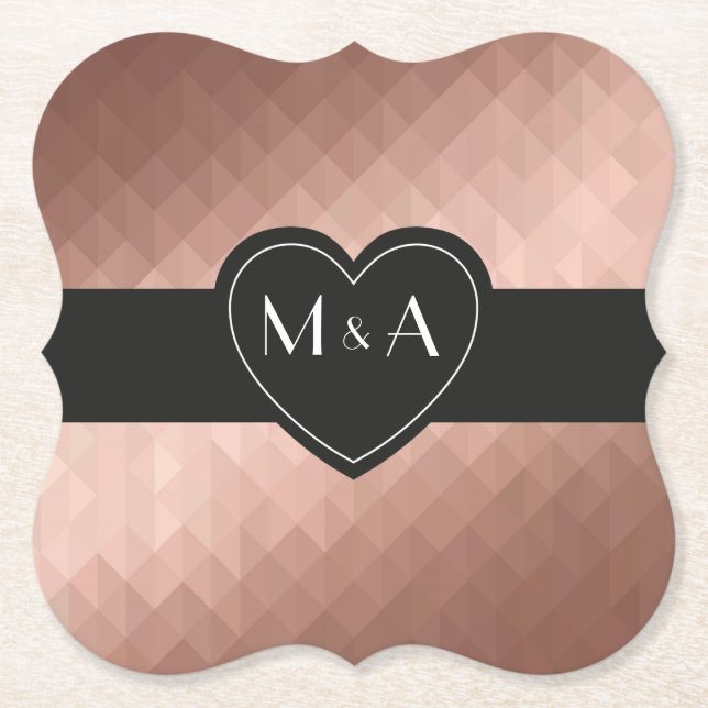 Rose gold personalized couple's monograms in heart paper coaster (Front)