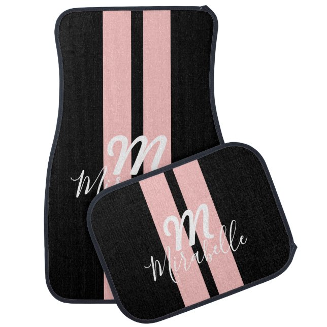 Rose Gold Personalized Girly Racing Stripe Car Floor Mat (Set)