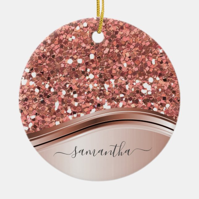 Rose Gold Personalized Handwritten Glitter Ceramic Ornament (Front)
