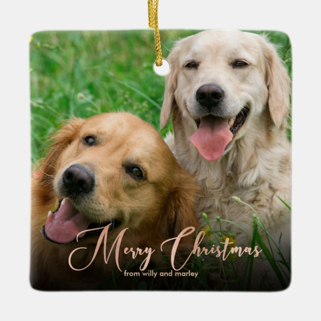 Rose Gold Pet Photo Handlettered Holiday Christmas Ceramic Ornament (Front)