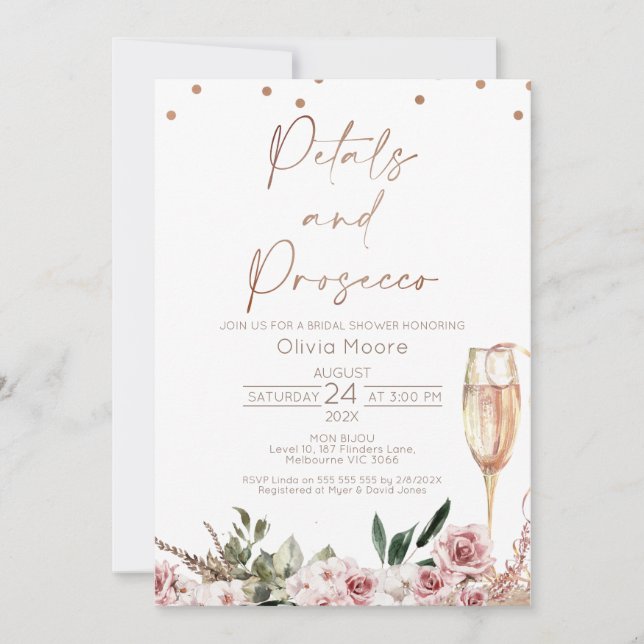 Rose Gold Petals Prosecco Boho Bridal Shower Invitation (Front)