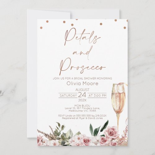 Rose Gold Petals Prosecco Boho Bridal Shower Invitation