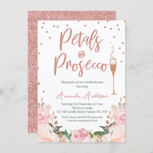 Rose Gold Petals Prosecco Bridal Shower Invitation