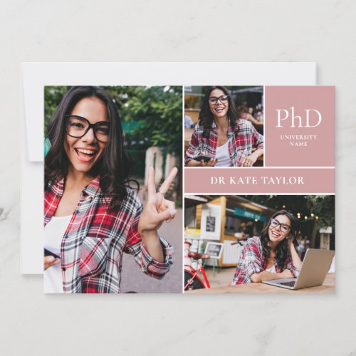 Rose Gold PhD Degree 3 Photo Graduation Party Invitation