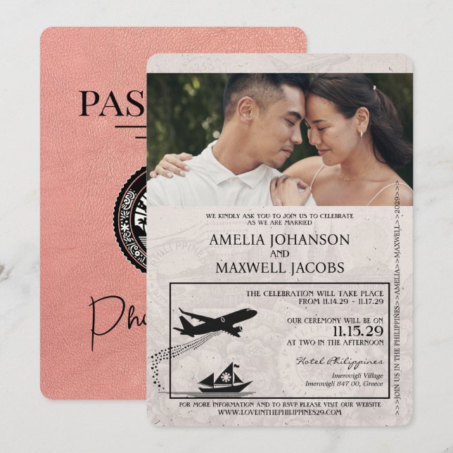 Rose Gold Philippines Passport Wedding Invitation (Front/Back)