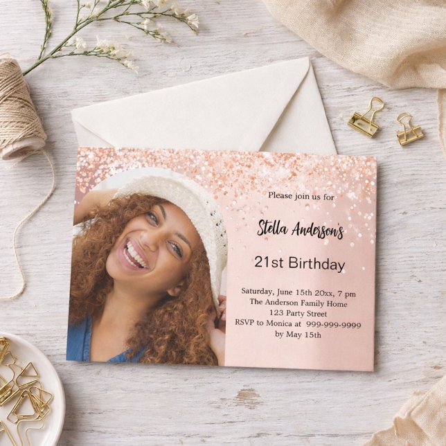 Rose gold photo arch confetti birthday invitation (Creator Uploaded)