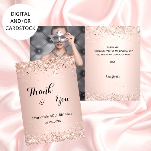 Rose gold photo birthday thank you card
