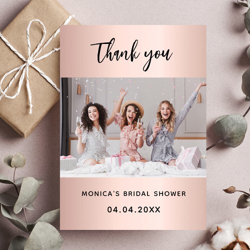 Rose gold photo bridal shower thank you card