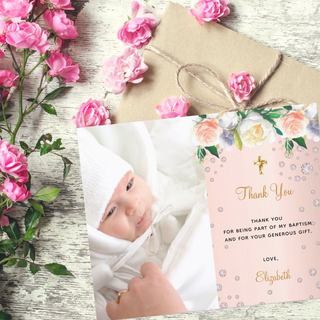 Rose gold photo budget baptism thank you card (Creator Uploaded)
