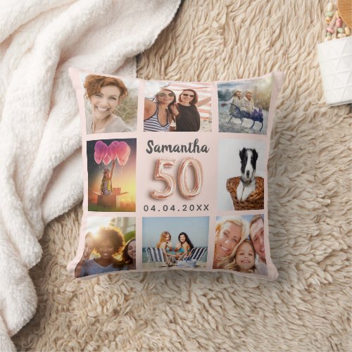Rose gold photo collage 50th birthday throw pillow