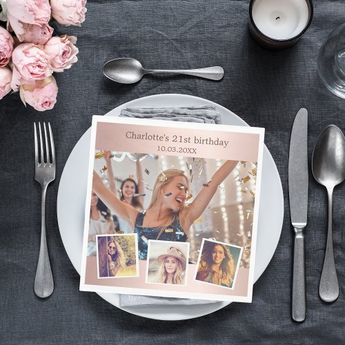 Rose gold photo collage birthday party napkins