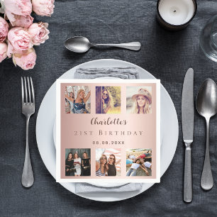 Rose gold photo collage birthday party napkins